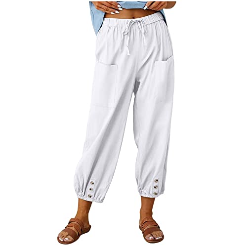 Leinenhose Damen 7/8 Lang Sommerhose Baumwolle Leinen Hosen Leicht Stoffhose Casual Loose Fit Strandhose mit Taschen Freizeithose Elastische Taille Haremshose Caprihose von RYTEJFES