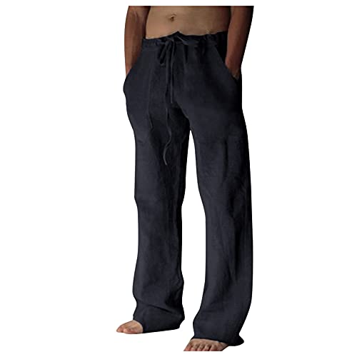 Leinenhose Herren Lang Leichte Sommerhose Loose Fit Baumwolle Freizeithose Strand Lange Hose Große größen Kordelzug Tasche Haremshose Bequem Einfarbig Strandhosen Relaxhose von RYTEJFES