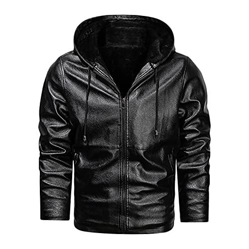 RYTEJFES Bikerjacke Herren mit Kapuze Winterjacke Leder Gefüttert Schwarz Outdoor Lederjacke Winter Übergangsjacke Kunstlederjacke Bomberjacke Winterlederjacken von RYTEJFES