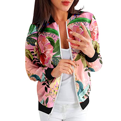 RYTEJFES Bomberjacke Damen Leicht mit Full zip Freizeit Lange Ärmel Fliegerjacke Blouson Blumen Gedruckt Mantel Mode College-Jacke Frühling Cardigan Stehkragen Kurzjacke Sweatjacke von RYTEJFES