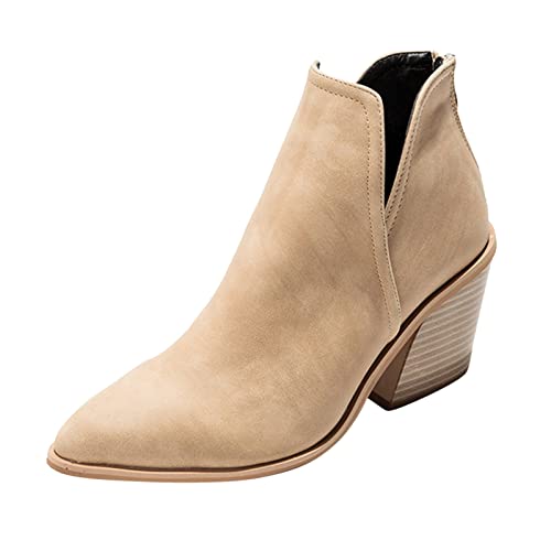 RYTEJFES Damen Stiefeletten Beige, Retro Veloursleder Round Bequeme Stiefel Boots Flach Vintage Herbst Halbhohe Schlupfstiefel Stiefeletten Ankle Flat Casual Weiter Schaft Schuhe Cowboystiefel von RYTEJFES