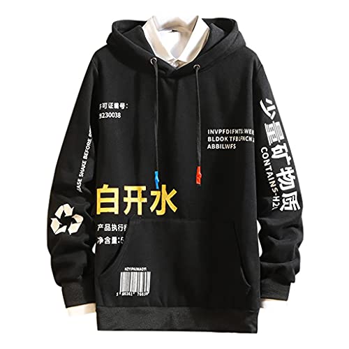 RYTEJFES Herren Hip Hop Hoodie Japanischer Streetwear Jumper Alphabetdruck Langarm Kapuzenpullover mit Känguru-Tasche Mode Beiläufig Oversized Hoodie Sweatshirt Kapuzenpulli Top (Black, 5XL) von RYTEJFES