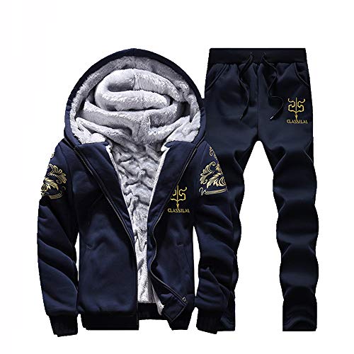 RYTEJFES Herren Jogginganzug Trainingsanzug Winter Warm Sportanzug Männer Fleece-Innenseite Kapuzenjacke mit Reißverschluss +Hosen Jogginghose Zweiteiliger Sportbekleidung (Navy, L) von RYTEJFES