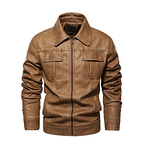 RYTEJFES Herren Retro Lederjacke Bikerjacke Kunstleder Jacke Winddichte Outdoor Kunstlederjacke Bomberjacke Revers Reißverschluss Winterlederjacken Herrenjacke Leder Winterjacke von RYTEJFES