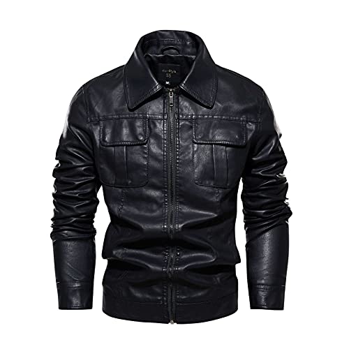 RYTEJFES Herren Retro Lederjacke Bikerjacke Kunstleder Jacke Winddichte Outdoor Kunstlederjacke Bomberjacke Revers Reißverschluss Winterlederjacken Herrenjacke Leder Winterjacke von RYTEJFES