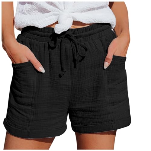 RYTEJFES Shorts Damen Sommer Leinen Musselin Kurze Hose mit Taschen Sport Laufhose Kordelzug Stretch Stoffhose Freizeit Sportshorts ## von RYTEJFES