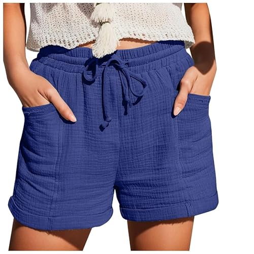 RYTEJFES Shorts Damen Sommer Leinen Musselin Kurze Hose mit Taschen Sport Laufhose Kordelzug Stretch Stoffhose Freizeit Sportshorts ## von RYTEJFES