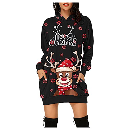 RYTEJFES Weihnachten Pullover Kleid Damen Langer Weihnachtspullover Lustig Druck Hoodiekleider für Frauen Langarm Midi-Länge Weihnachten Weihnachtspulli-Kleid mit kapuze Herbst Winter Weihnachtskleid von RYTEJFES