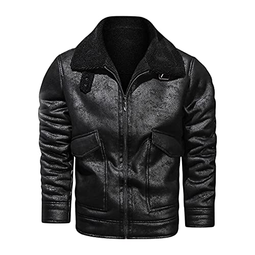 RYTEJFES Winterjacke Herren Leder Gefüttert Lederjacke Winter Warm Liner Revers Leder Mäntel Winterlederjacken Übergangsjacke Kunstlederjacke Bikerjacke Bomberjacke mit Reißverschluss und Tasche von RYTEJFES