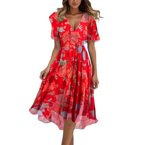 Sommerkleid Damen Maxikleider Sommerkleider Elegant Boho Hemdblusenkleid Tunika Kleid Sommer Langes Lang Leicht Und Luftig Maxikleid Tshirt Maxi Rock a Linien Midikleid Mit Ärmel Blumenmuster von RYTEJFES