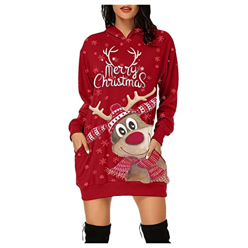 Weihnachten Pullover Kleid Damen Langer Weihnachtspullover Lustig Druck Hoodiekleider für Frauen Langarm Midi-Länge Weihnachten Weihnachtspulli-Kleid mit Kapuze Herbst Winter Weihnachtskleid von RYTEJFES