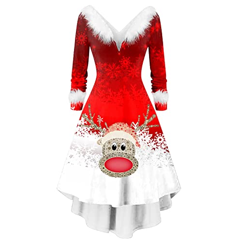 RYTEJFES Weihnachtskleid Damen Lustig Rot Langarm Weihnachtsdruck Elegant Party Kleider V-Ausschnitt Kunst-Plüschbesatz Weihnachtsmann Kostüm Weihnachtsfrau Miss Kleid Midi Kleid von RYTEJFES