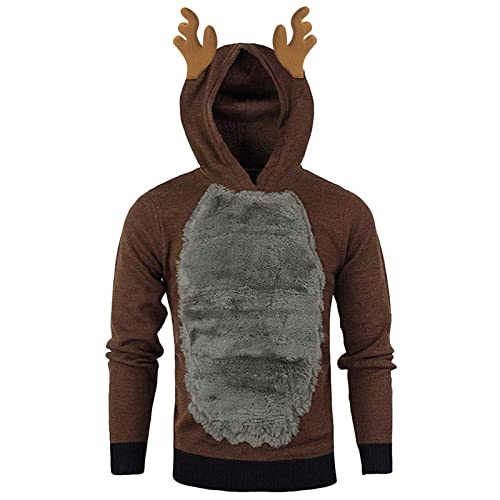 Weihnachtspullover Herren Lustig Weihnachts Pulli Ugly Christmas Sweater Pullover Weihnachten 3D Rentier Kostüm Funny Hoodie fur Männer Fleece Weihnachtspulli mit Kapuze von RYTEJFES