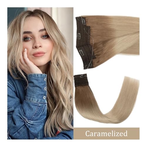 Haarverlängerungen, Clip-in-Haarverlängerung, Remy-Halo-Haar, Fischdrahtlinie, Echthaarverlängerung mit 4 Clips, Haarteil for Frauen Tape-In-Haarverlängerungen Echthaar(Caramelized,14 inch) von RYUQW3RE