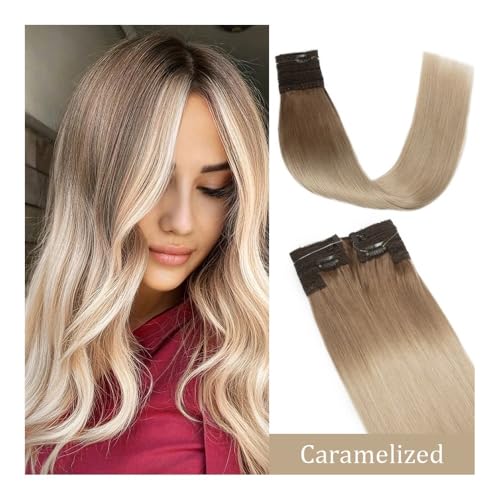Haarverlängerungen, Fisch Linie Haarverlängerung Unsichtbare Ombre Draht Echthaarverlängerung Remy Haar Gerade Haarteil for Frauen Tape-In-Haarverlängerungen Echthaar(Caramelized,12 inch 30cm 65g) von RYUQW3RE