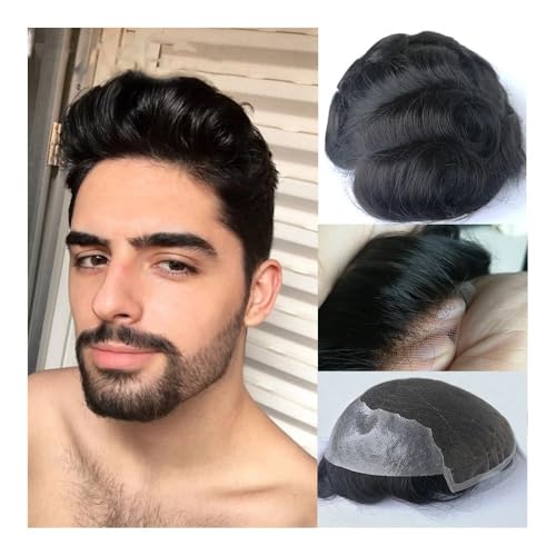 Männer Bun Perücke Echthaar Ersatz Herren Haarteil System Toupet handgemachte Schweizer Spitze mit Basis Herren Perücke Perücke für Männer(Off Black,7x9) von RYUQW3RE