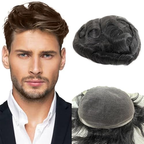 Männer Bun Perücke Männer Kapillarprothese HD Spitze Mann Toupet Indisches Echthaar Perücken Volle Spitze Echthaar System Ersatzhaarperücke Perücke für Männer(Black,8x10) von RYUQW3RE