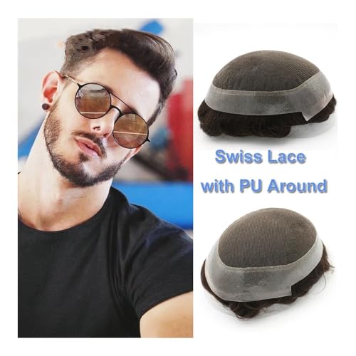 Männer Bun Perücke Männer Perücke Echthaar Toupet Starker Knoten Australien Basis Schweizer Spitzenzentrum mit transparenter langlebiger Haarprothese Toupet Männer Perücke für Männer(Off Black,7x9) von RYUQW3RE