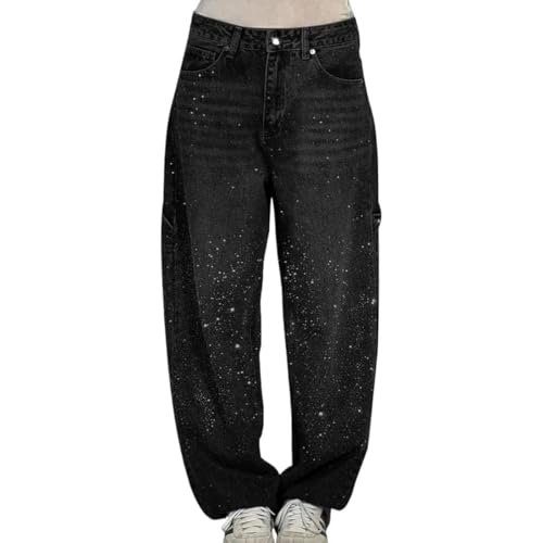 RYVETTE Lässige Harems-Jeans Für Damen, Strass Hohe Taille Lockere Passform Weite Beine Gerades Bein Jeans, Glitzernd Farbverlauf Diamant Pailletten Denim Hose Für Damen Freizeit Baggy-Hose(02#,2XL) von RYVETTE