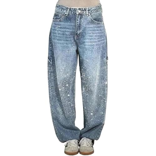 RYVETTE Lässige Harems-Jeans Für Damen, Strass Hohe Taille Lockere Passform Weite Beine Gerades Bein Jeans, Glitzernd Farbverlauf Diamant Pailletten Denim Hose Für Damen Freizeit Baggy-Hose(04#,M) von RYVETTE