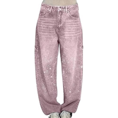 RYVETTE Lässige Harems-Jeans Für Damen, Strass Hohe Taille Lockere Passform Weite Beine Gerades Bein Jeans, Glitzernd Farbverlauf Diamant Pailletten Denim Hose Für Damen Freizeit Baggy-Hose(05#,M) von RYVETTE