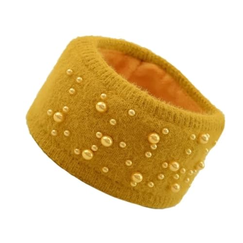 RZAPCTPB Stirnband Damen Winter Geflochtene Haarbänder Turbane Herbst Winter Plüsch Perlen Haarband Mädchen Haarschmuck Kopfband(Yellow) von RZAPCTPB