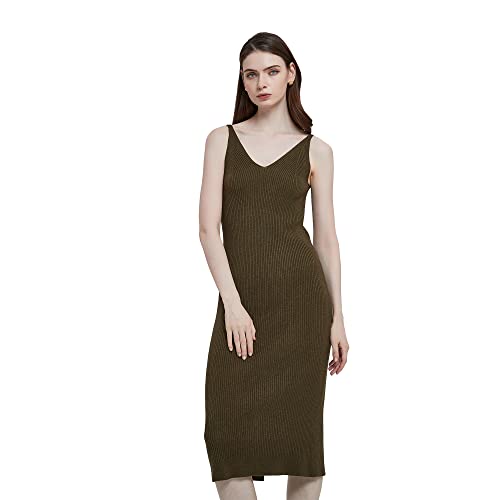 RZIV Damen Ärmelloses Pulloverkleid Strick Slim V Ausschnitt Bodycon Midi Dehnbare Elastizität Slim Fit, Schwarzes Grün, Einheitsgröße von RZIV