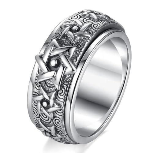 RZRPYFMM 9Mm Drehbarer Sechszackiger Sternring Herren 990 Sterling Silber Retro Breite Version Zeigefingerring Religiöser Punkschmuck,Silber,14 von RZRPYFMM