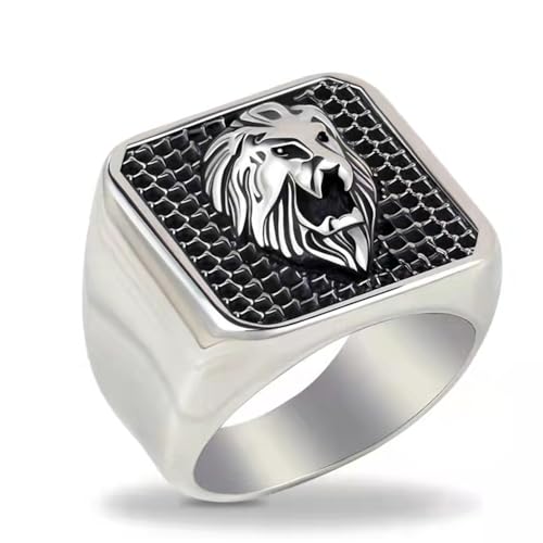 RZRPYFMM Gothic Punk Löwenkopf Siegelring, Männer Edelstahl Hip Hop Löwen Totem Ring Amulett,Silber,9 von RZRPYFMM