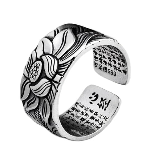 RZRPYFMM Gothic S999 Sterling Silber Vintage Herz Sutra Lotus Ring, Offener Verstellbarer Lotus Silberschmuck Für Männer Und Frauen,Silber,8 von RZRPYFMM