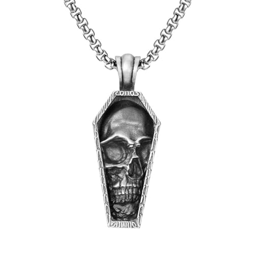 RZRPYFMM Herren Böser Totenkopf Anhänger Aus Reinem Zinn, Gothic Vintage Halskette Aus Edelstahl,Silber,Pendant + Chain 60cm von RZRPYFMM