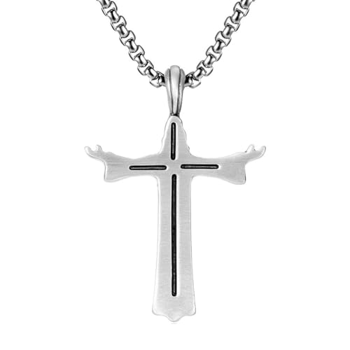 RZRPYFMM Herren Christliches Kreuz Reines Zinn Anhänger, Gothic Mode Kreuz Jesus Halskette,Silber,Pendant + Chain 60cm von RZRPYFMM