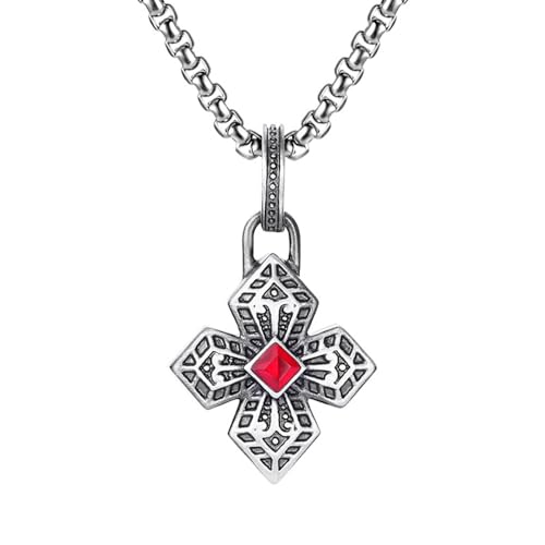 RZRPYFMM Herren Christliches Kreuz Reines Zinn Anhänger, Gothic Mode Kreuz Rubin Halskette,Silber,Pendant + Chain 50cm von RZRPYFMM