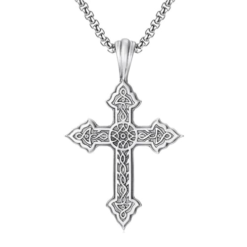 RZRPYFMM Herren Christliches Kreuz Reines Zinn Anhänger, Gothic Religiöses Kreuz Halskette,Silber,Pendant + Chain 70cm von RZRPYFMM