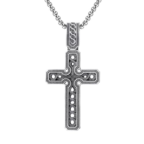 RZRPYFMM Herren Christliches Kreuz Reines Zinn Anhänger, Gothic Vintage Ausgehöhltes Kreuz Halskette,Silber,Pendant + Chain 60cm von RZRPYFMM