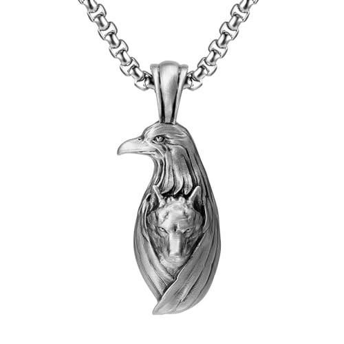 RZRPYFMM Herren Eagle Wolfskopf Anhänger Aus Reinem Zinn, Viking Gothic Vintage Wolfskopf Halskette,Silber,Pendant + Chain 70cm von RZRPYFMM
