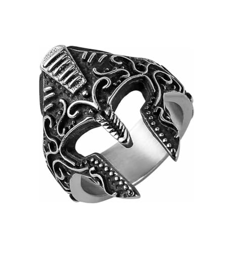 RZRPYFMM Herren Edelstahl Spartaner Krieger Maskenring Krieger Helm Ring Retro Silber Griechischer Wikinger Reiter Motorradringe,Silber,10 von RZRPYFMM