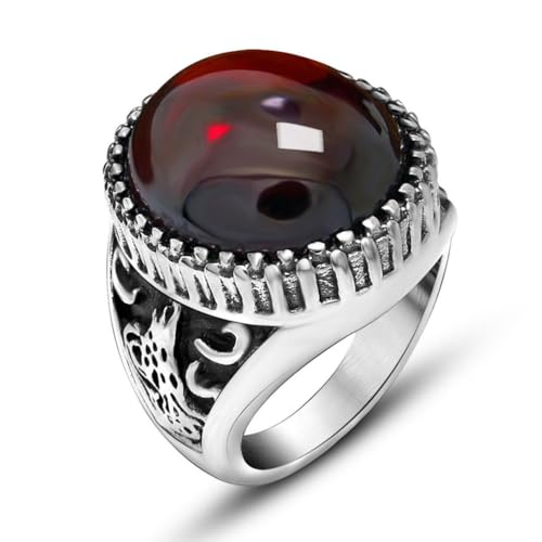 RZRPYFMM Herren-Edelsteinring Klassisch Geschnitzter Karierter Roter Und Schwarzer Achatring Retro-Gotischer Krone-Edelstahlring,Rot,12 von RZRPYFMM