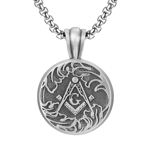 RZRPYFMM Herren Freimaurer Anhänger Aus Reinem Zinn, Gothic Vintage Freimaurer Medaillon Halskette,Silber,Pendant + Chain 60cm von RZRPYFMM