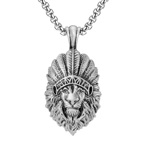 RZRPYFMM Herren Indian Crown Lion's Head Pure Pewter Anhänger, Viking Vintage Feathered Lion's Head Halskette,Silber,Pendant + Chain 50cm von RZRPYFMM