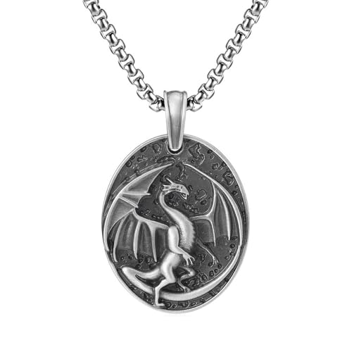 RZRPYFMM Herren Keltischer Drache Reines Zinn Anhänger, Viking Gothic Vintage Drachen Halskette,Silber,Pendant + Chain 50cm von RZRPYFMM