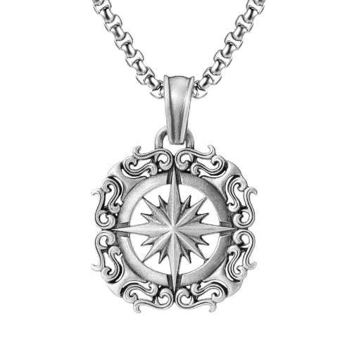 RZRPYFMM Herren Kompass Anhänger Aus Reinem Zinn, Viking Gothic Vintage Edelstahl Halskette,Silber,Pendant + Chain 50cm von RZRPYFMM