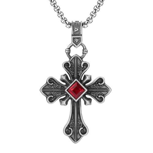 RZRPYFMM Herren Kreuz Rubin Reines Zinn Anhänger, Gothic Mode Christliches Kreuz Halskette,Silber,Pendant + Chain 50cm von RZRPYFMM