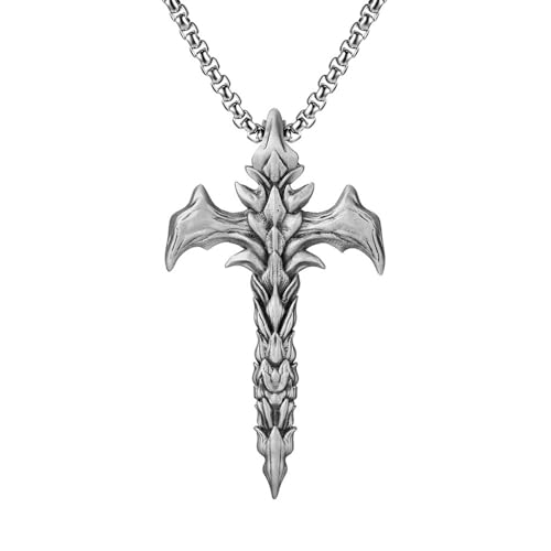 RZRPYFMM Herren Mode Schwert Reines Zinn Anhänger, Gothic Vintage Edelstahl Halskette,Silber,Pendant + Chain 60cm von RZRPYFMM