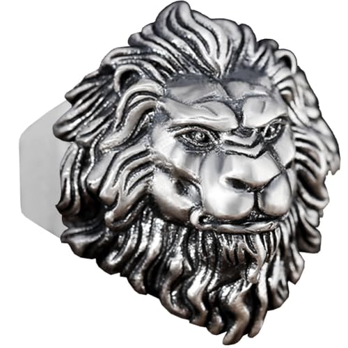 RZRPYFMM Herren S925 Sterling Silber Löwenkopf Ring Mode Punk Tier Ring Retro Thai Silber Dominierender Löwenkopf Offener Ring,Silber,12 von RZRPYFMM