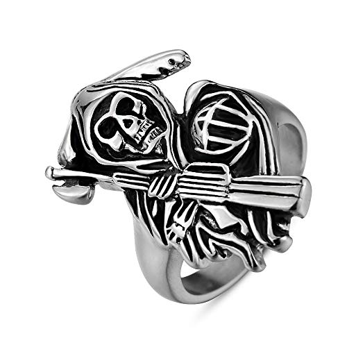 RZRPYFMM Herren Sichel-Schädel-Ring Vintage Edelstahl Hip-Hop-Schädel-Ring Europäische Und Amerikanische Persönlichkeit Retro-Schmuck-Geschenk,Silber,10 von RZRPYFMM