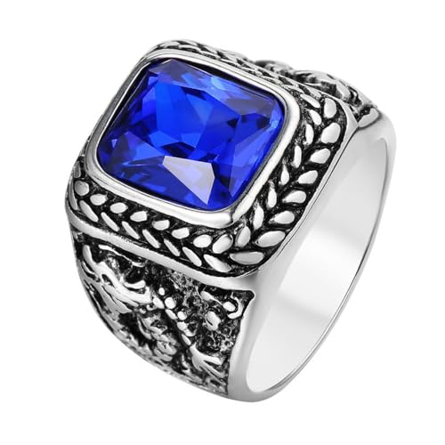 RZRPYFMM Herren-Statement-Vintage-Steinring, Gotischer Edelstahl Mit Graviertem Drachentotem Und Quadratischem Steinring,Blau,12 von RZRPYFMM