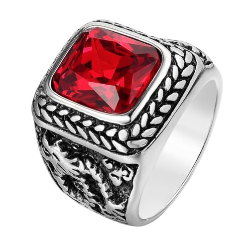 RZRPYFMM Herren-Statement-Vintage-Steinring, Gotischer Edelstahl Mit Graviertem Drachentotem Und Quadratischem Steinring,Rot,11 von RZRPYFMM