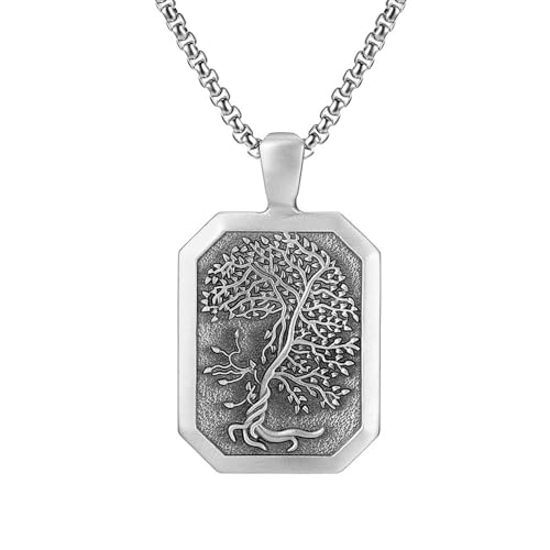 RZRPYFMM Herren Welt Baum Reines Zinn Anhänger, Viking Vintage Baum Des Lebens Edelstahl Halskette,Silber,Single Pendant von RZRPYFMM