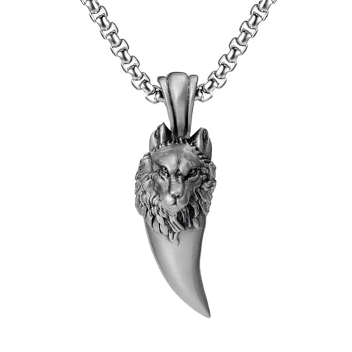 RZRPYFMM Herren Wolfszahn Anhänger Aus Reinem Zinn, Viking Gothic Vintage Wolfskopf Halskette,Silber,Pendant + Chain 70cm von RZRPYFMM